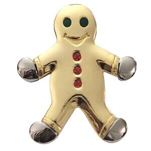Liz Claiborne Gold Silver Tone Red Green Enamel Gingerbread Man Pin Signed K322